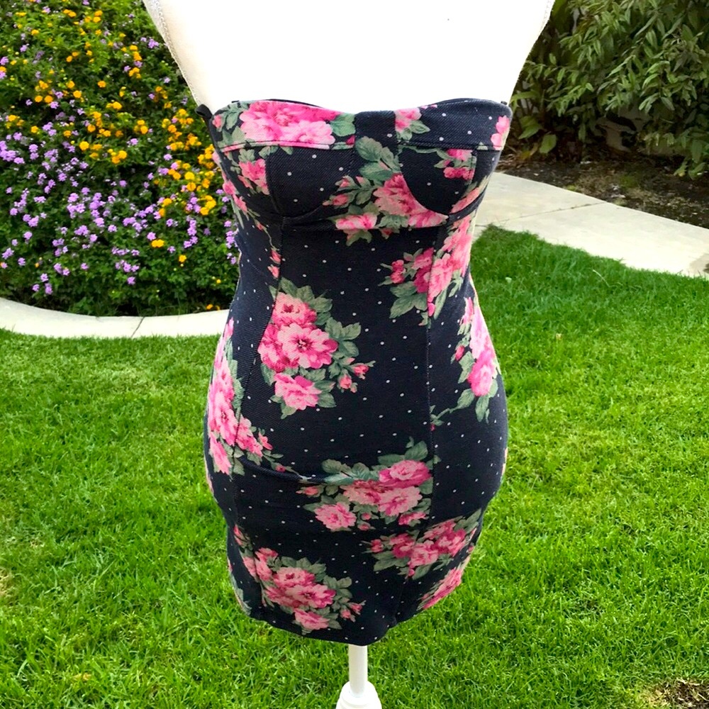 Retro Strapless Back Zipper Stretchy Jean Flower Dress